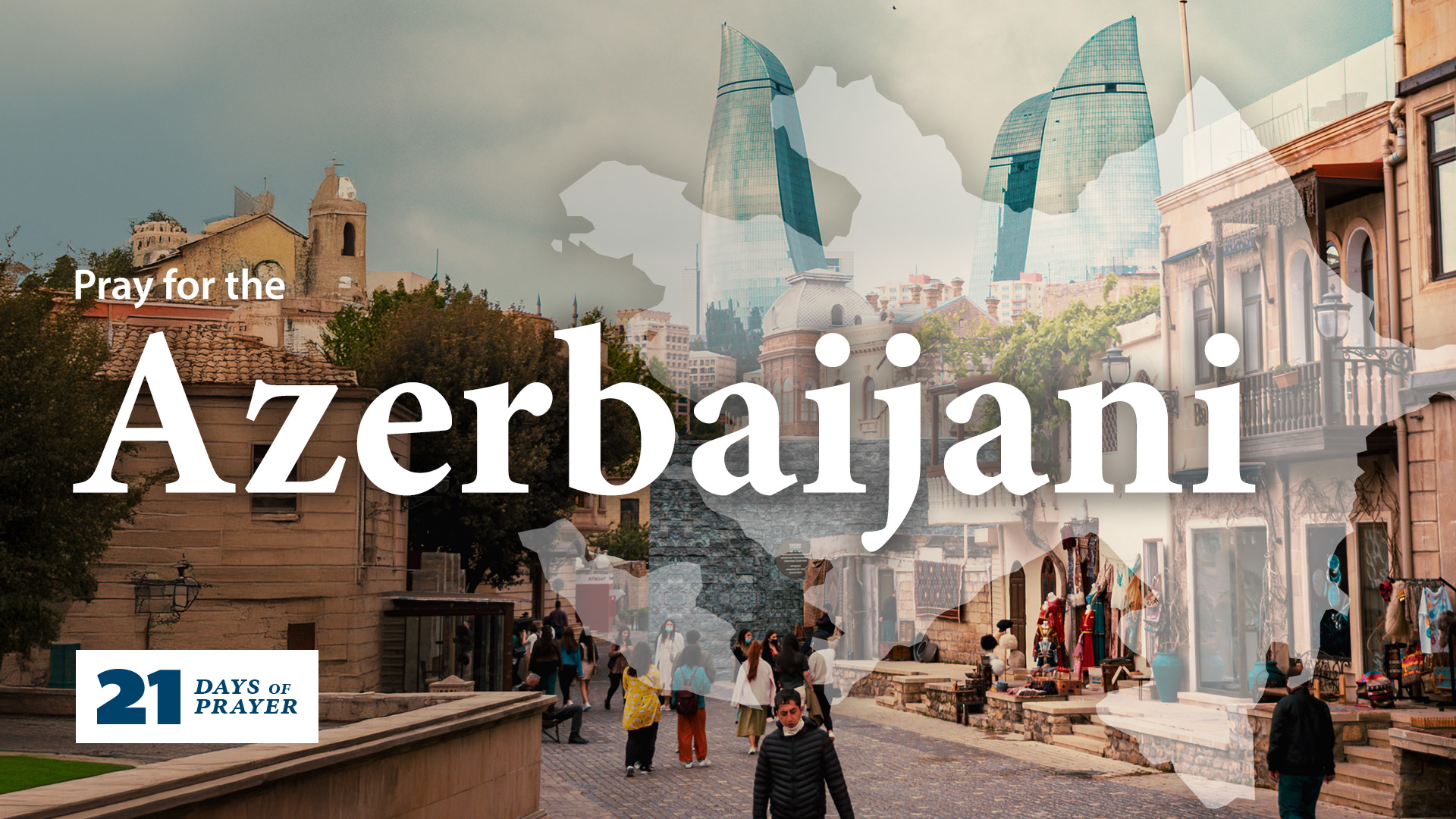 People walking on the street lined with shops in Baku. The text on the image reads 
