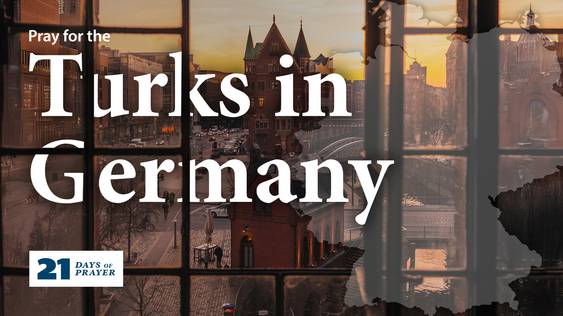 Looking out a window at a German cathedral while the sun is rising. The text on the image says pray fro Turks in Germany